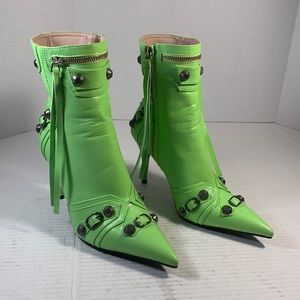 Women’s Neon Green Pointy Toe Metal Accents High Heel Ankle Boots